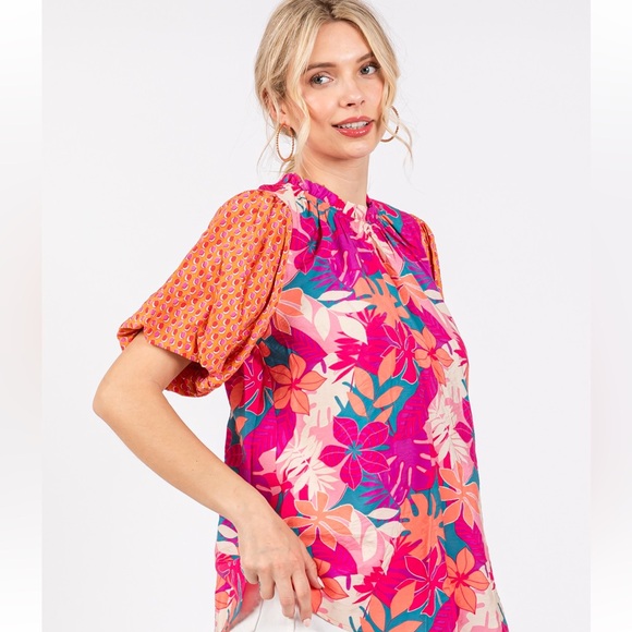 31 Boho Contrast Floral Print Woven Blouse Top - Picture 4 of 6